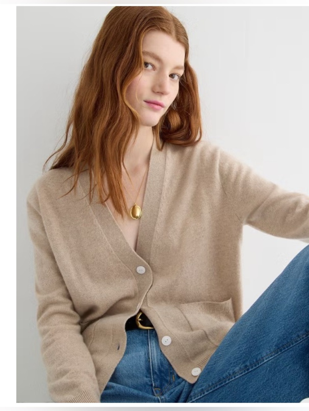 J.Crew Cashmere Patch-Pocket Cardigan Sweater M Neutral Tan Heather Stone